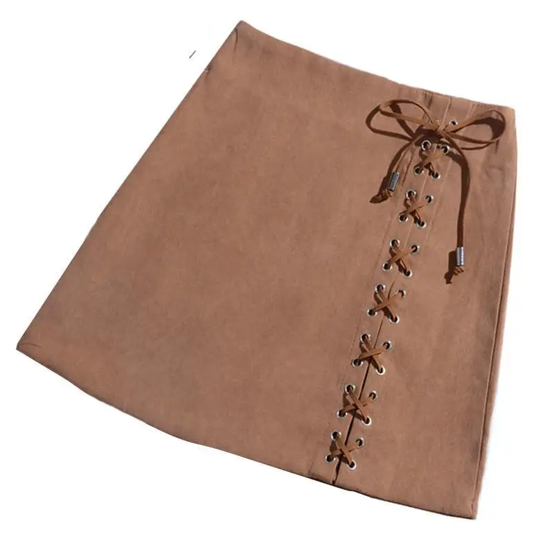 2018 весенние бархатные трапециевидной формы Кружево-Up Мини-юбки Высокая талия на