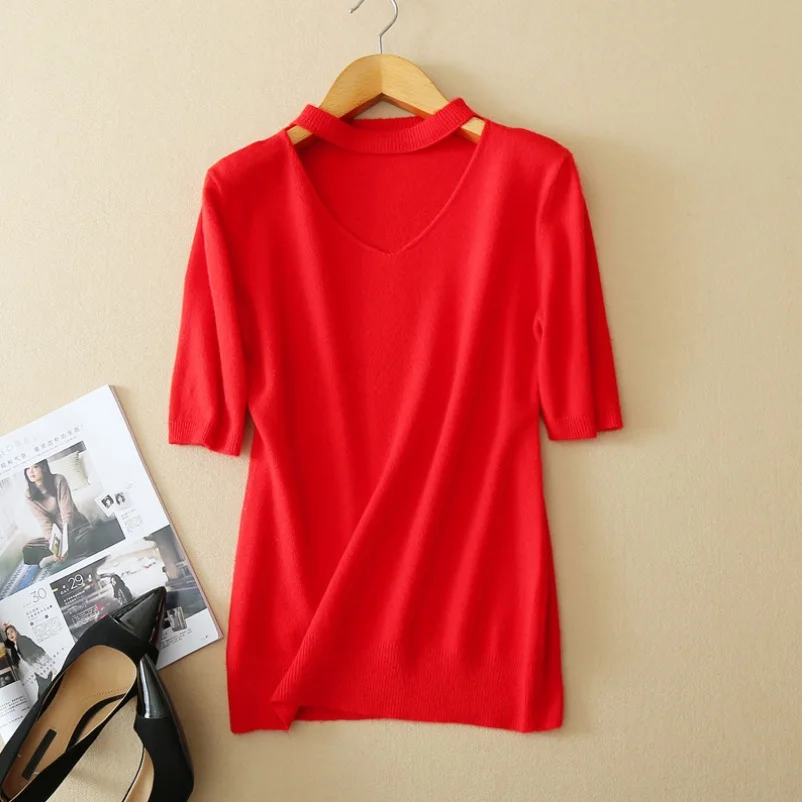 Women 100% Wool Sweater Autumn Fashion V-neck Short Sleeve Pullovers Knitted Sweaters S-XXL | Женская одежда