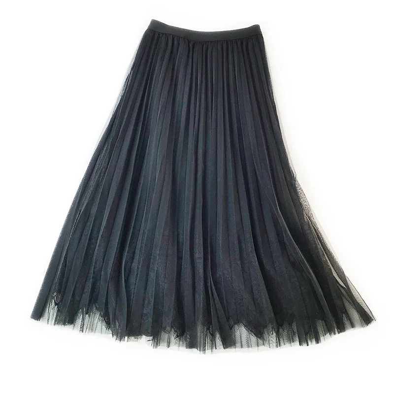 Street Wear Midi Pleated Skirt Women Gothic High Waist Tulle Long Dames 2019 Female A-Line Lace Mid-Calf | Женская одежда