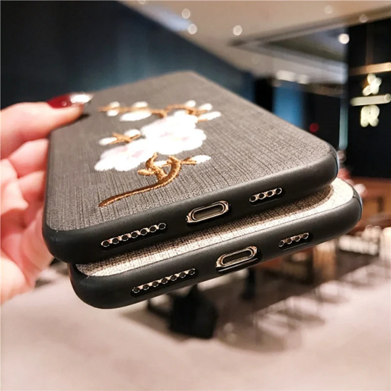 Вышитый Чехол для iPhone X XR XS Max тканевый ПУ + Мягкий ТПУ силиконовый чехол с цветком