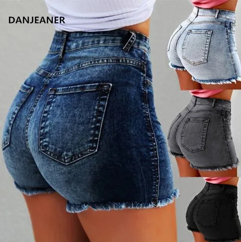Шорты DANJEANER женские из денима с высокой талией облегающие рваные короткие