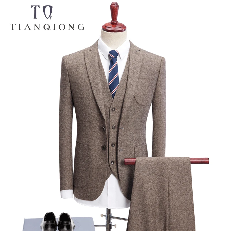 TIAN QIONG Brand Khaki Groom Wedding Suit Men 2018 Spring Autumn Slim Fit 3 Piece Business Suits High Quality Men's Dress | Мужская