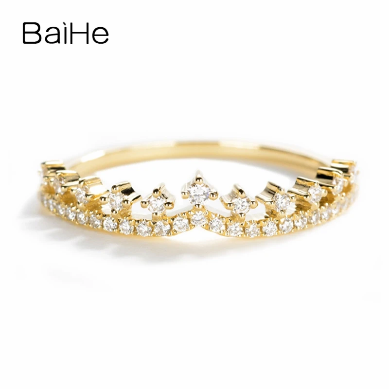 

BAIHE Solid 14K Yellow Gold About 0.23ct H/SI Round Natural Diamonds Jewelry Wedding Band Trendy Fine Jewelry Gift Crown Ring