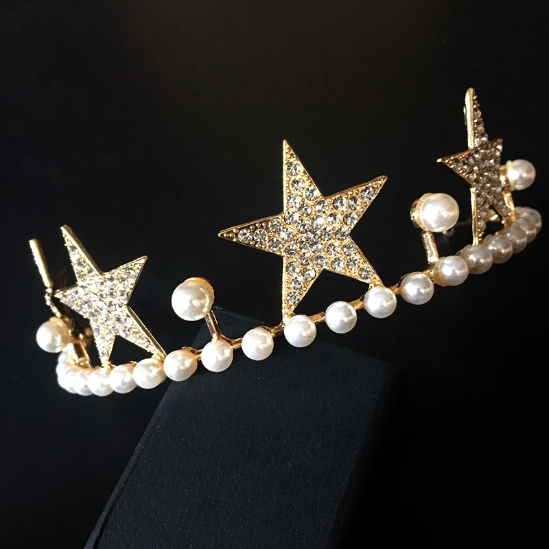 Himstory Fashion Gold Tiara Crown Crystal Pearl Headband Bridal Wedding Hair Jewelry Star Women Party Headpiece | Украшения и