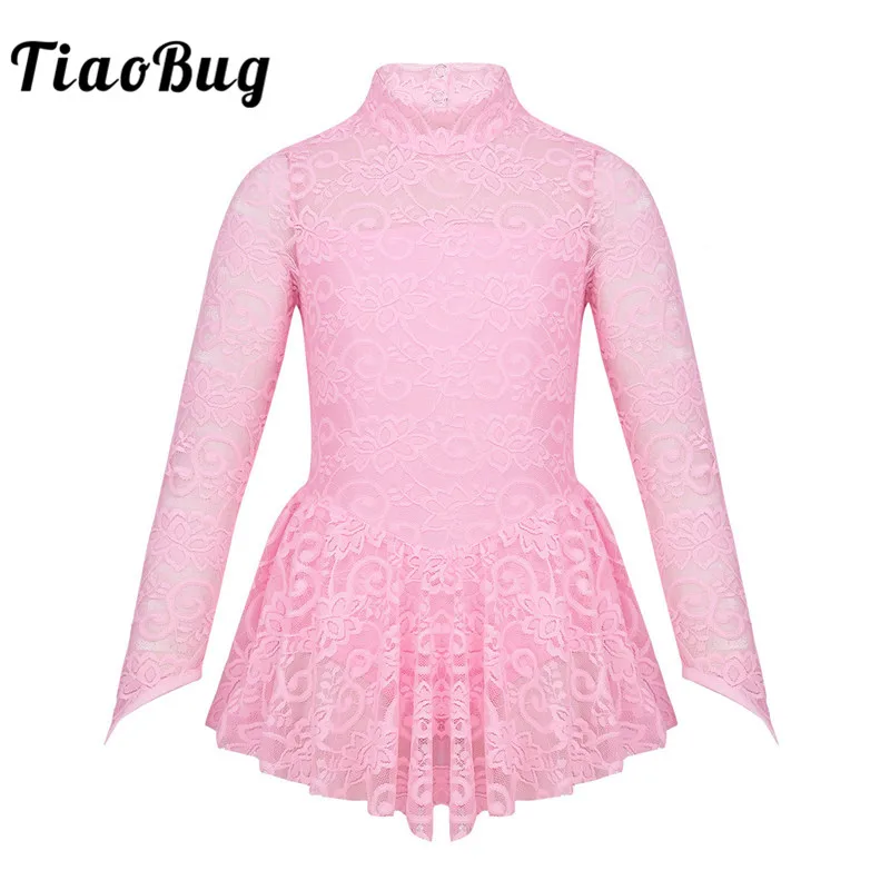 

TiaoBug Kids Teens Long Sleeve Ballet Gymnastics Leotard Girls Floral Lace Ballet Tutu Dress Figure Ice Skating Child Dance Wear