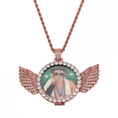 Rose Gold Пользовательские Крылья Ангела фото ожерелье и кулон медь, кубический цирконий семья памяти медальон теннисная цепочка ожерелье хип хоп ювелирные изделия подарок - Окраска металла: Rose Gold