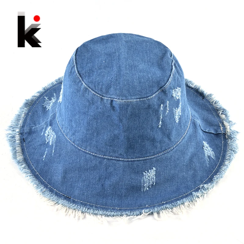 

Summer Washed Denim Sun Hat Women Fashion Tassel Floppy Cap Ladies Wide Brim Beach Bucket Hats Female Cotton foldable Chapeu