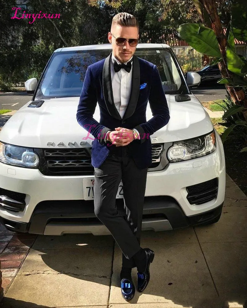 Linyixun синий мужской костюм Slim Fit шаль воротник одна пуговица костюмы 2 шт.
