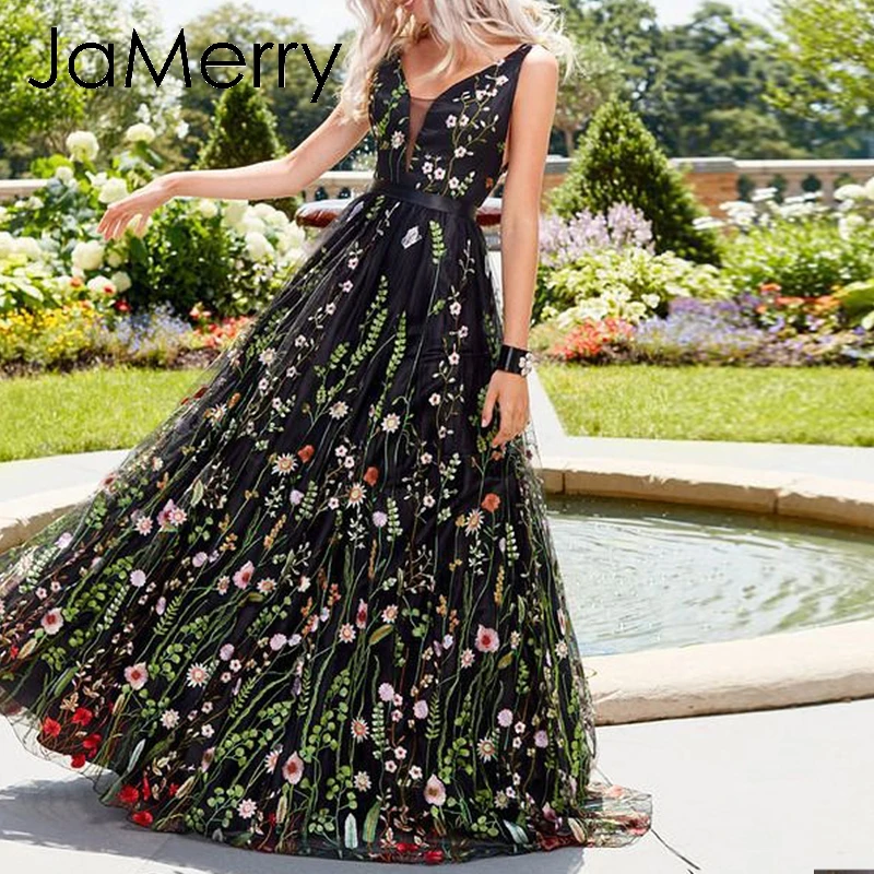 Женское Сетчатое платье JaMerry длинное с цветочной вышивкой и открытой спиной в
