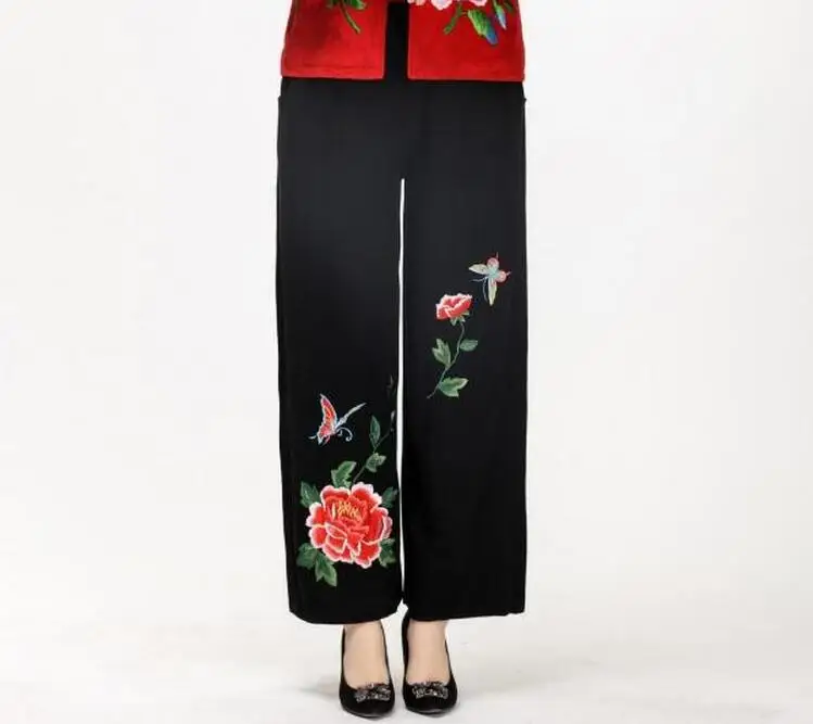 

XL-4XL Hot / Spring Women New Big Yards Fashion Tall Waist Embroidery Wide Leg Pants