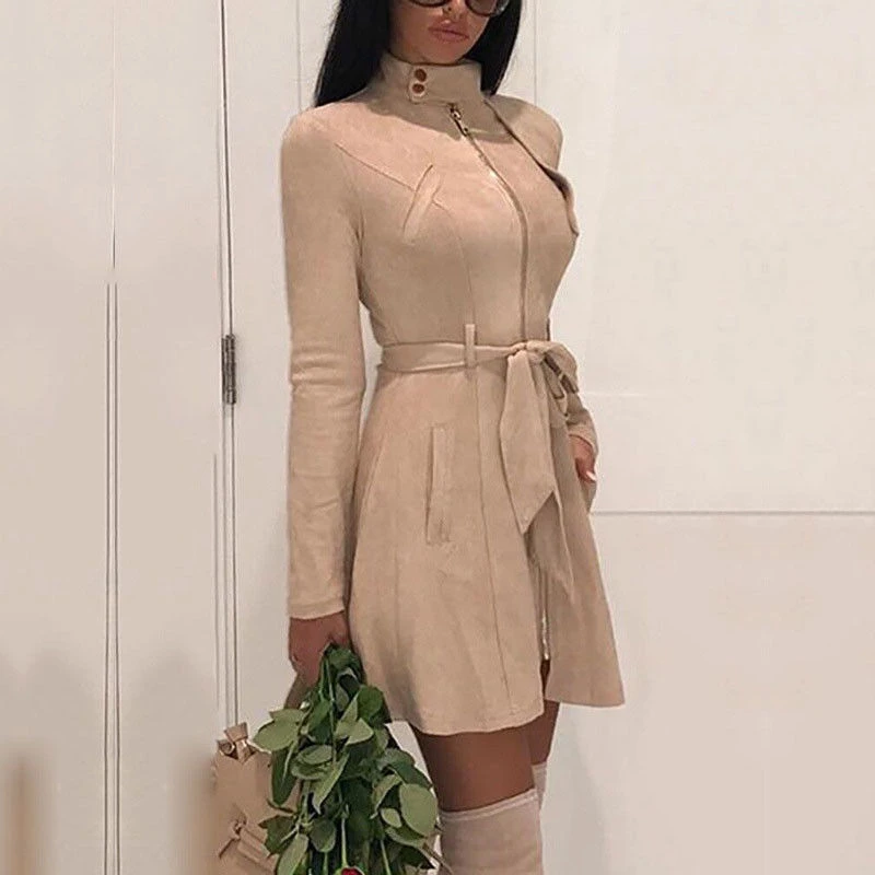 

Fashion Women Trench Vintage Zipper Coat Autumn Winter Women Long Sleeve Trench With Belt Ladies Coats Stylish Female Outerwear