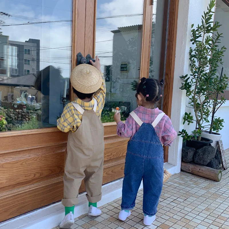 Autumn kids fashion Ribbon straps denim overalls boys girls all-match 2 colors suspender trousers 1-6Y | Мать и ребенок