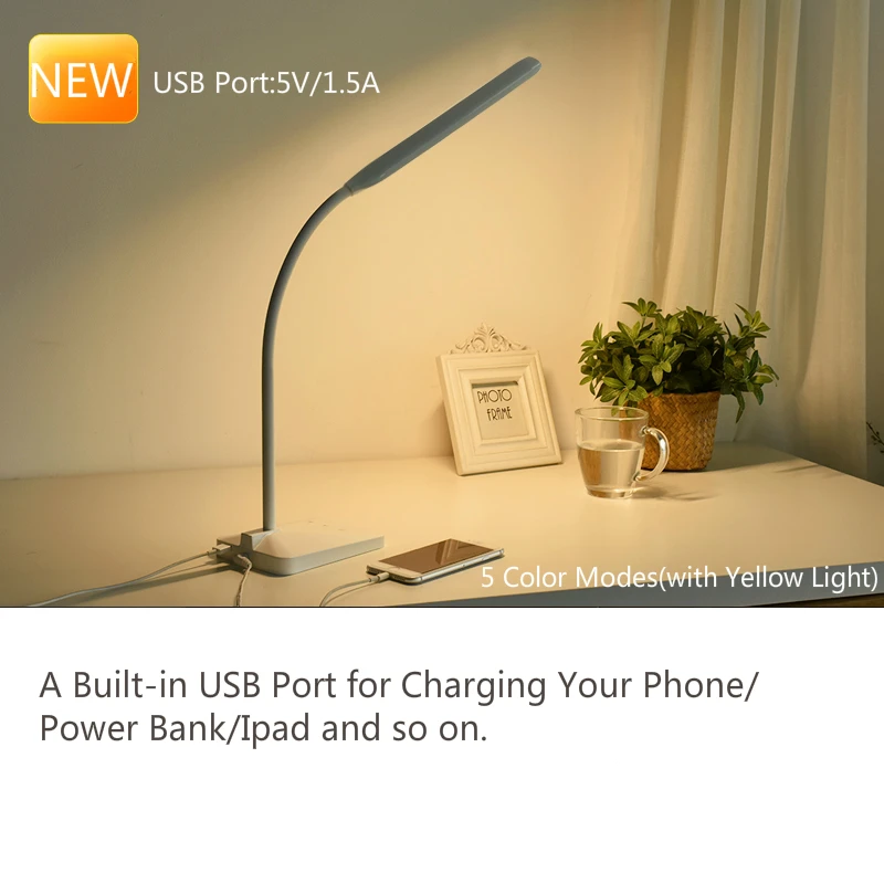 Гусенек светодио дный настольная лампа 12 Вт USB офис света лампы с 5 В 1.5A зарядка