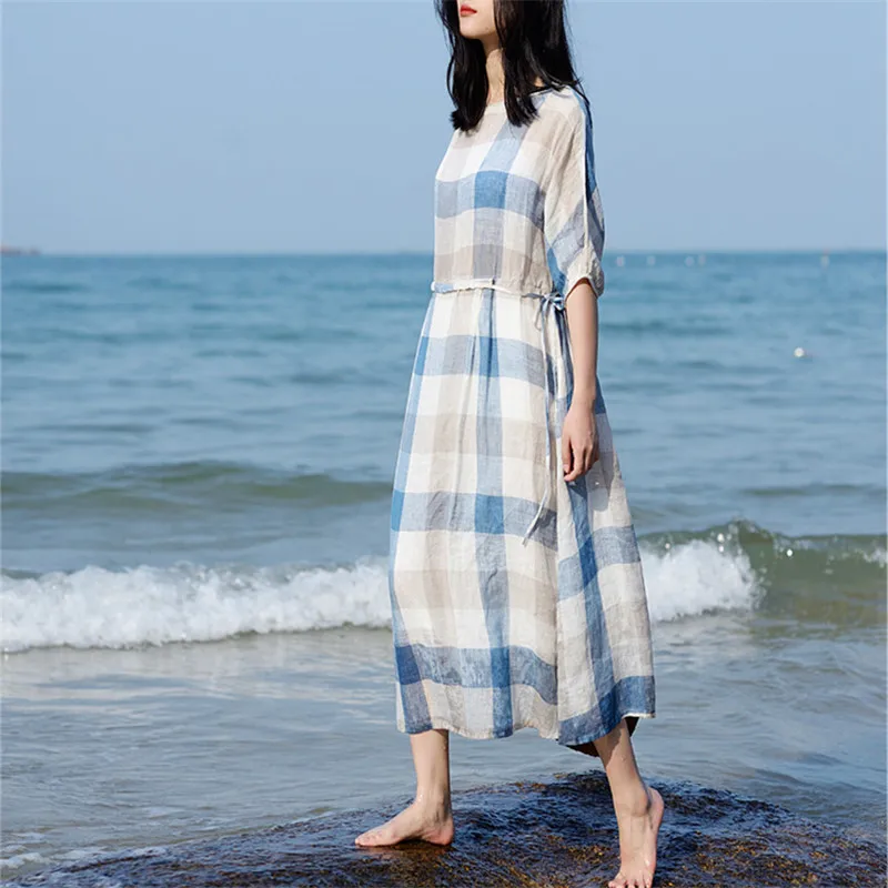SCUWLINEN 2019 женское летнее платье классическое в клетку на завязках с коротким