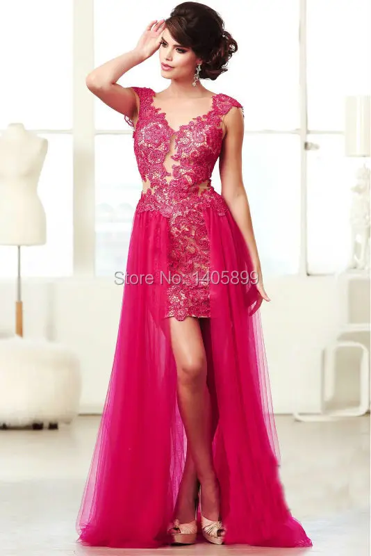 Boat Neck Cap Sleeve With Beaded Lace High Slit Floor Length Open Back A Line Prom Dresses 2014 Vestidos De Festa Vestido Longo | Свадьбы и