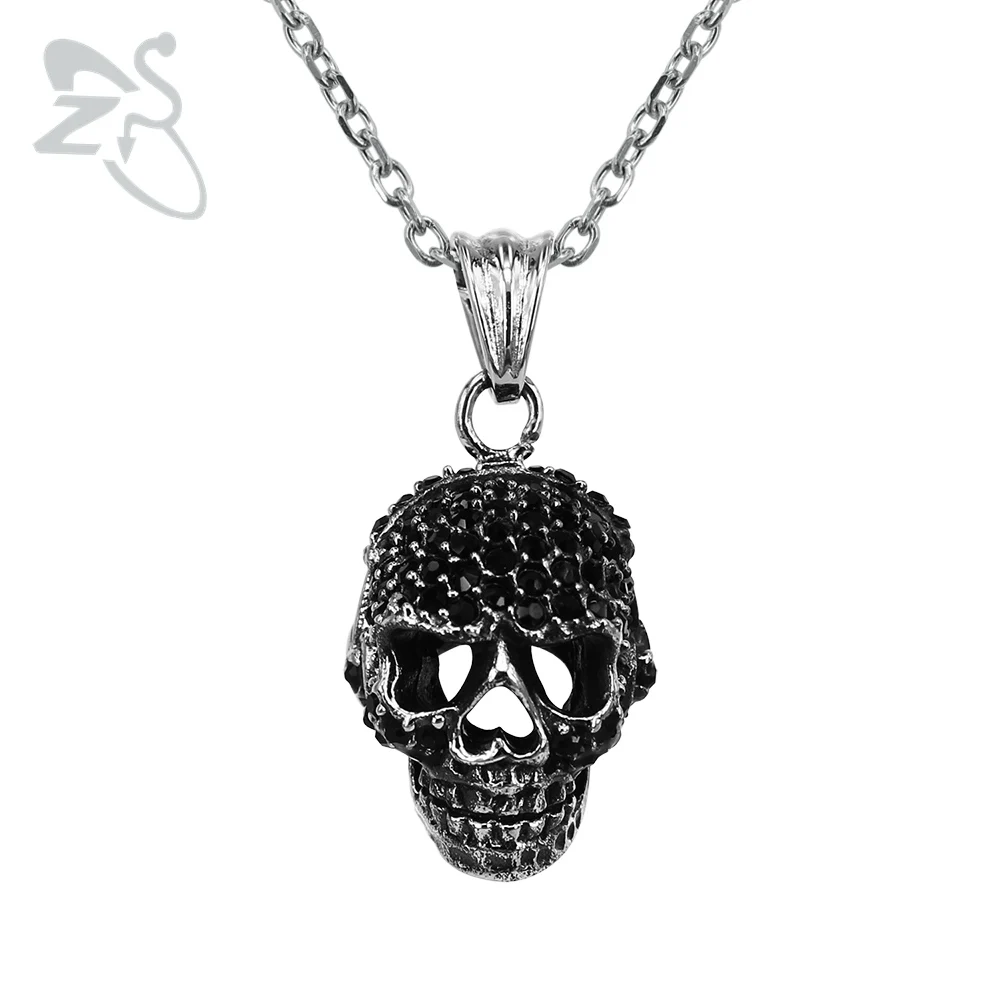 

Punk Skull Necklace Black Crystal Long Collier Stainless Steel Choker Tattoos Dark Necklace Rock Chains Rivet Men Women Jewelry