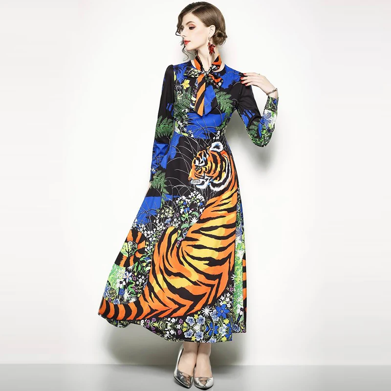 2018 Summer Women O Neck With Bow Tie Dress Vintage Long Sleeve Tiger Printing Dresses Vestidos de festa Female Brand Clothing | Женская