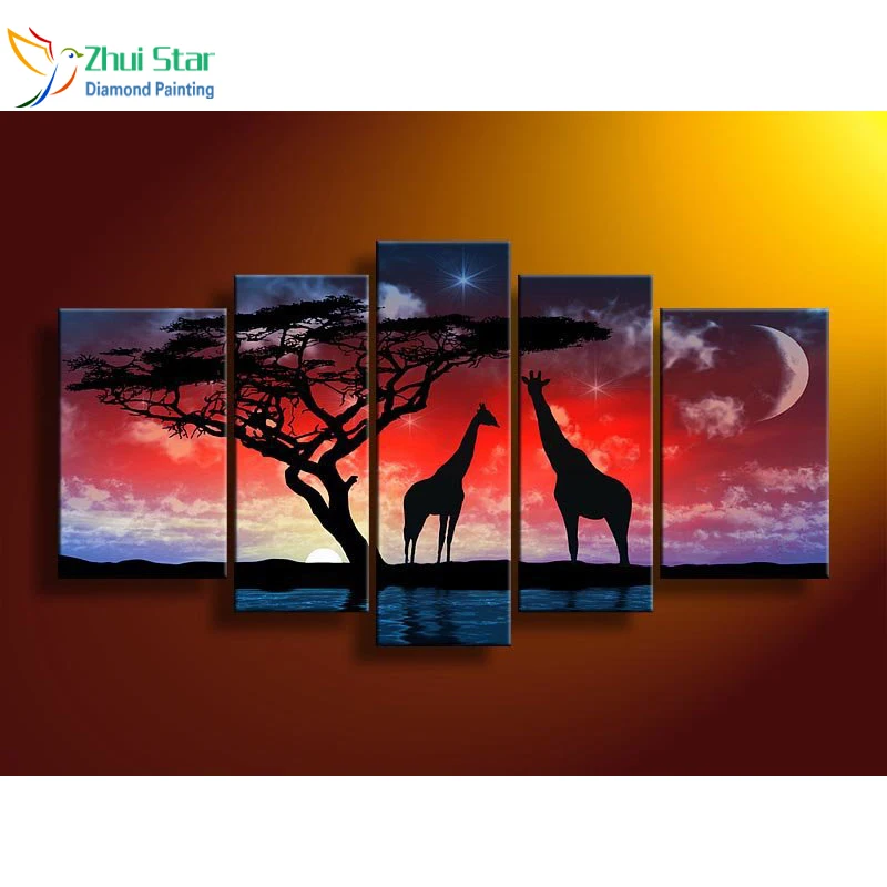 

Zhui star 5D DIY full Square drill Diamond drawing Cross Stitch Sunset giraffe 5pcs Embroidery Rhinestones Mosaic home decor