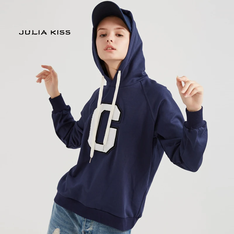 

Women Letter G Patch Kangaroo Pocket Drawstring Hoodie Raglan Sleeve Hooded Pullovers