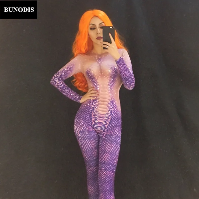 ZD127 Purple 3D Printing Snake Women Jumpsuit Nightclub Costume Dancer Bodysuit Stage Wear Costome Performance Party Celebrate