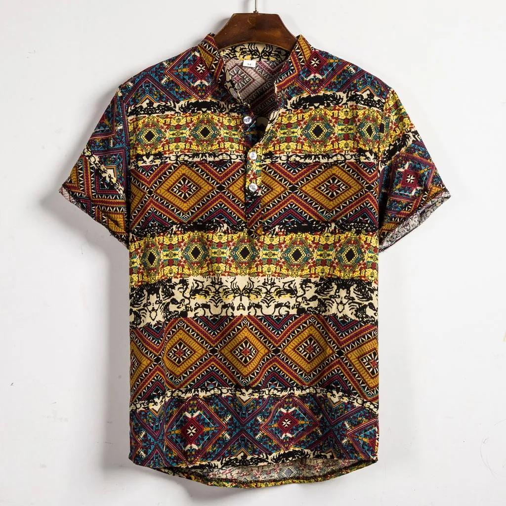 

Retro Ethnic Nationality Mens Shirt Short Sleeve Casual Cotton Linen Printing Stand Collar Hawaiian Shirt Blouse Mens Clothing