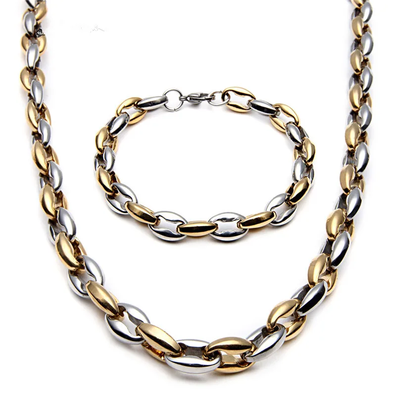 Mainlead Hiphop 9MM Gold Titanium Steel Coffee Bean Link Chain Necklace Mens Long Biker Jewelry | Украшения и аксессуары