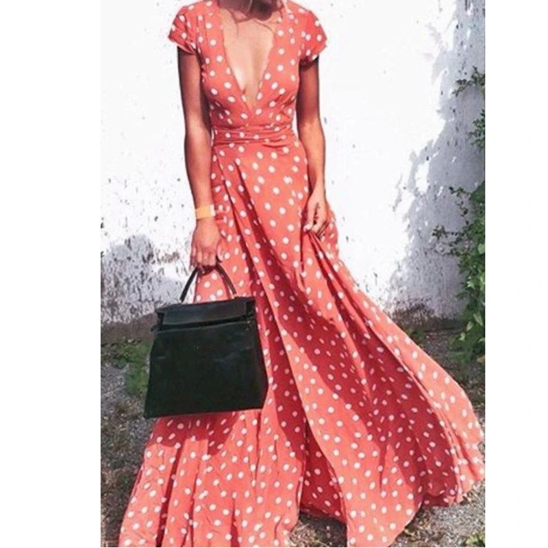 Женское винтажное платье макси в горошек длинное с V образным вырезом и коротким