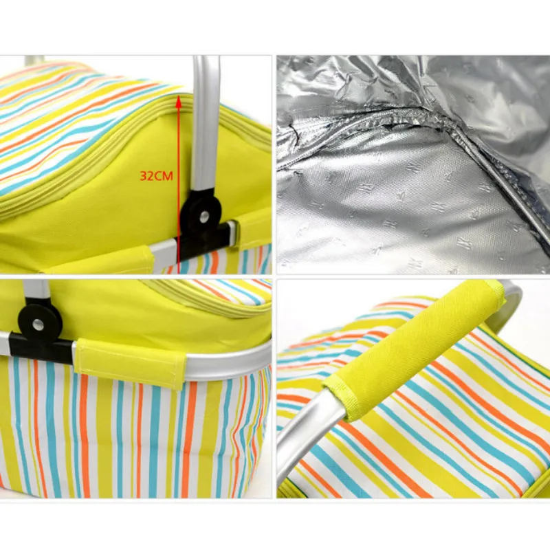 

Travel Large Lunch Bag Portable Folding Striped Thermal Insulated Picnic Bag Food Bag Oxford Lunch Bags