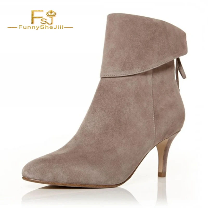 

FSJ Fashion Nude Suede Back Laced Women Ankle Boots Pointed Toe Kitten Heel Side Zipper Ladies Booties Elegant Date Work 2022