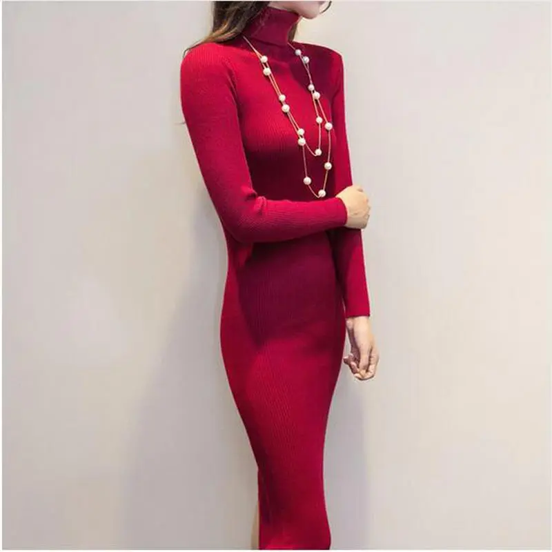 Платье-свитер с высоким воротником осень-зима 2017 Короткое облегающее эластичное