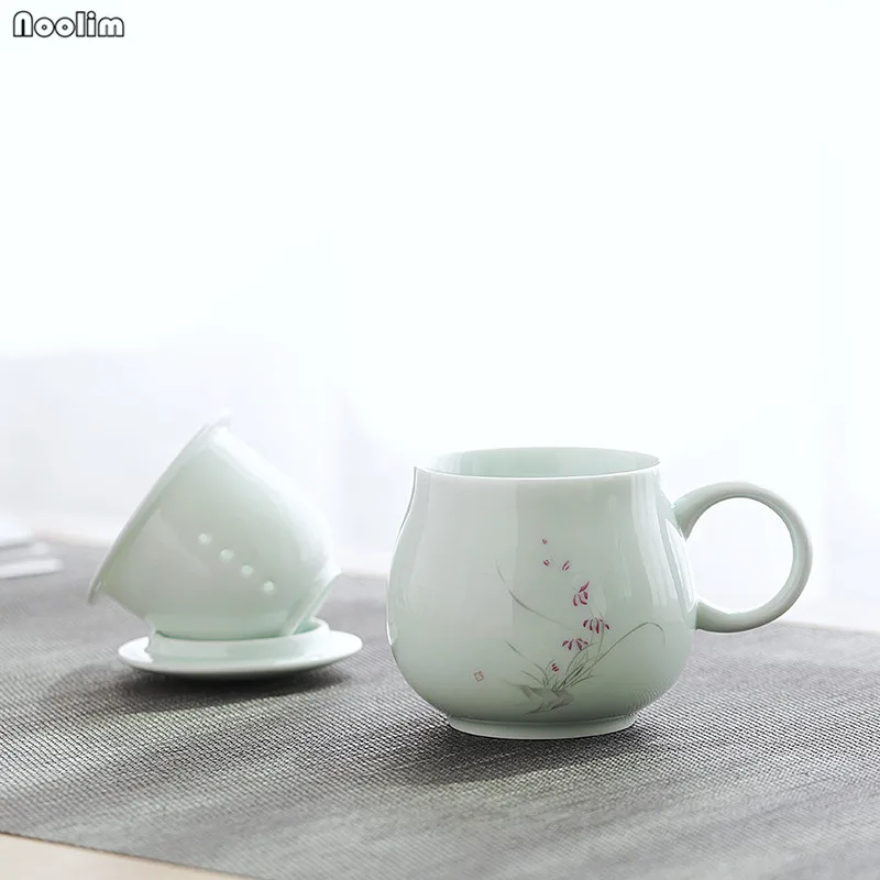 Керамическая чайная чашка NOOLIM Jingdezhen с крышкой и фильтром Офисная для воды