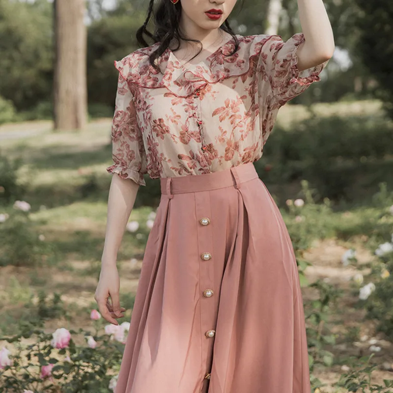 Photo Color SWEETXUE/комплект в стиле ретро с жемчужной пряжкой, шифон с цветочным принтом, гофрированный топ с коротким рукавом+ длинная юбка с высокой талией летний комплект из двух предметов - Цвет: Photo Color