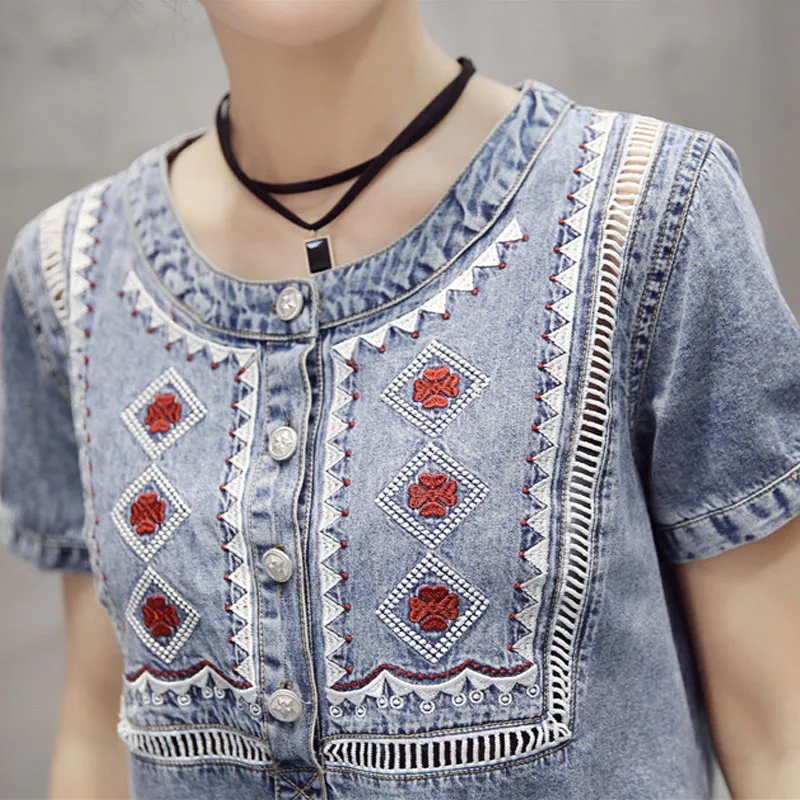 Лето 2017 г. Новый Для женщин мода ковбой платье и пуговицы с вышивкой талии лист