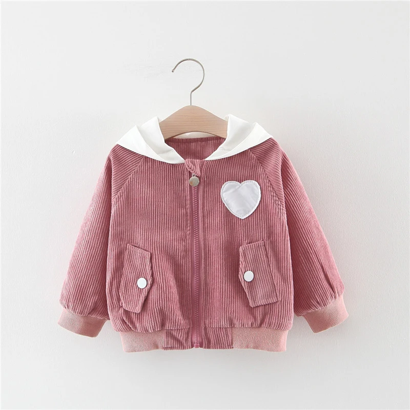Dpink Babyinstar/куртки для девочек; пальто; детская верхняя одежда; вельветовое пальто для малышей с аппликацией в виде сердца; детская куртка с капюшоном; одежда для малышей; пальто для девочек - Цвет: Dpink