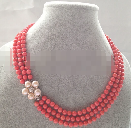 Jewelr 004884 Горячая 17 19 &quot3 ряда 6 мм темно розовые идеально круглые коралловые