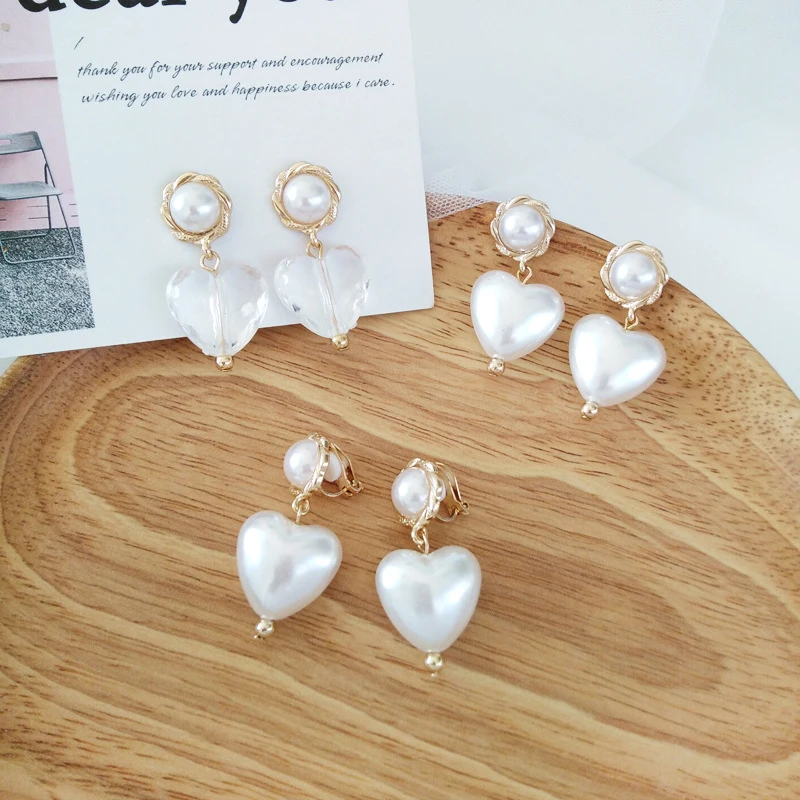 Fashion Women's Earrings 2019 Vintage Simulated Pearl/Glass Heart Pendant For Women Statement Jewelry Accessories Gift | Украшения и