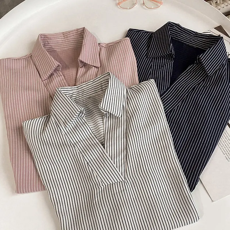 Женские топы летняя полосатая блузка Женская Офисная рубашка в Корейском стиле