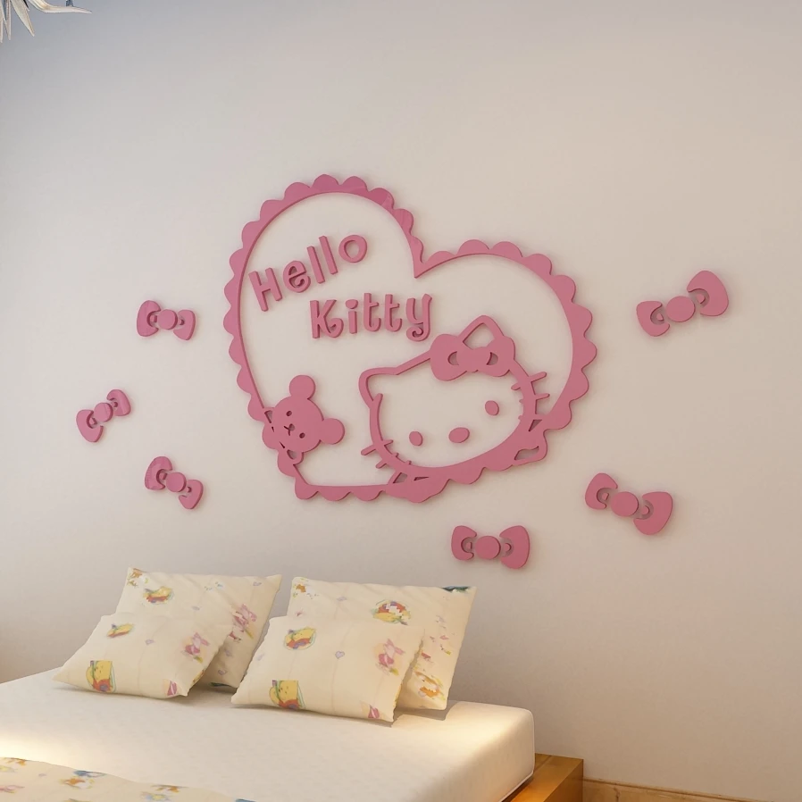 3D акрил розовый рисунок Hello Kitty трехмерные стикеры стены комнаты малыша Декор
