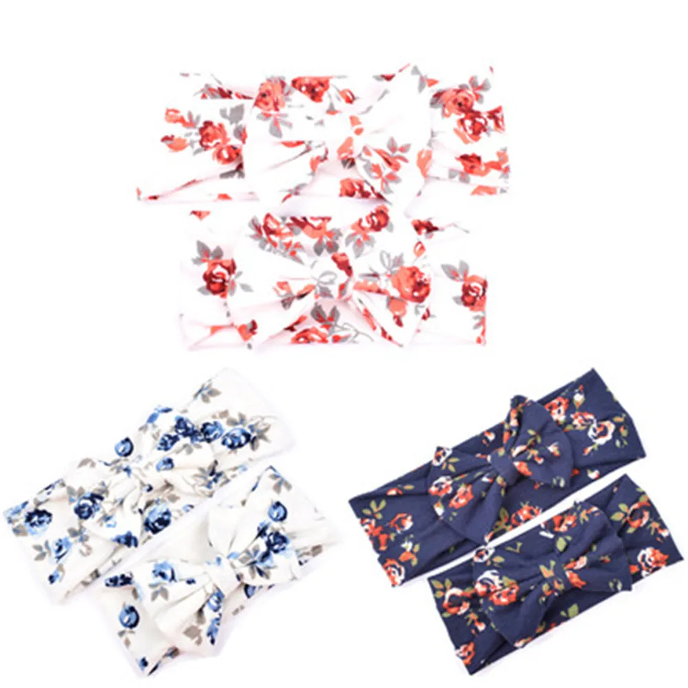 

2sets /lot Parent-child Floral Cotton Knot Headband with bow printed fabric headband sets hair accessories Girl Lovely Headwear