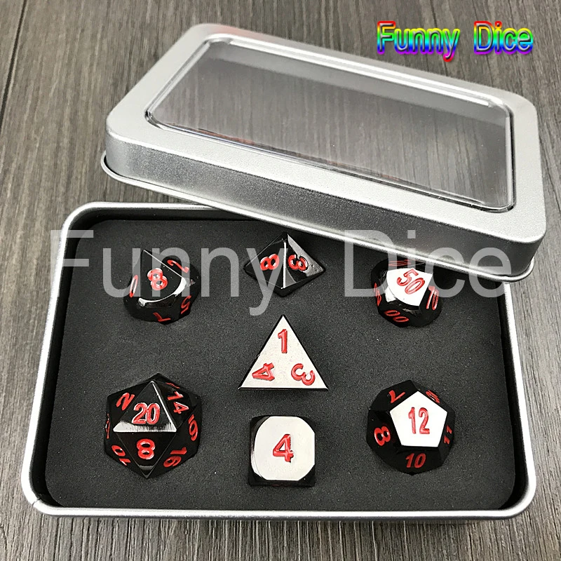 Горячие игральные кости DND, набор D4 D6 D8 D10 D% D12 D20 набор Металлических Кубиков с красными, зелеными цифровыми плюс металлическими коробками, для забавной игры семьи/друзей
