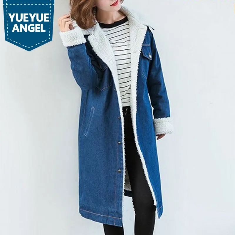 Vintage New Fashion Thick Denim Trench Coat Winter Long for Women Single Breasted Overcoats Super Warm Outwear Female Parkas