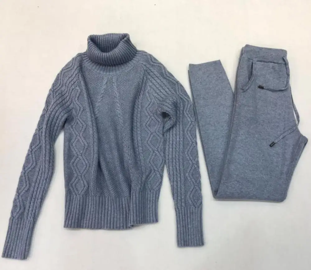 light blue Теплые комплекты из кашемира и шерсти, бархатный свитер с высоким воротником+ кашемировые брюки из норки, эластичные костюмы из двух предметов для отдыха, wq108 - Цвет: light blue