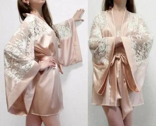 Женское шелковое атласное платье свадебное кимоно для невесты халат ночная