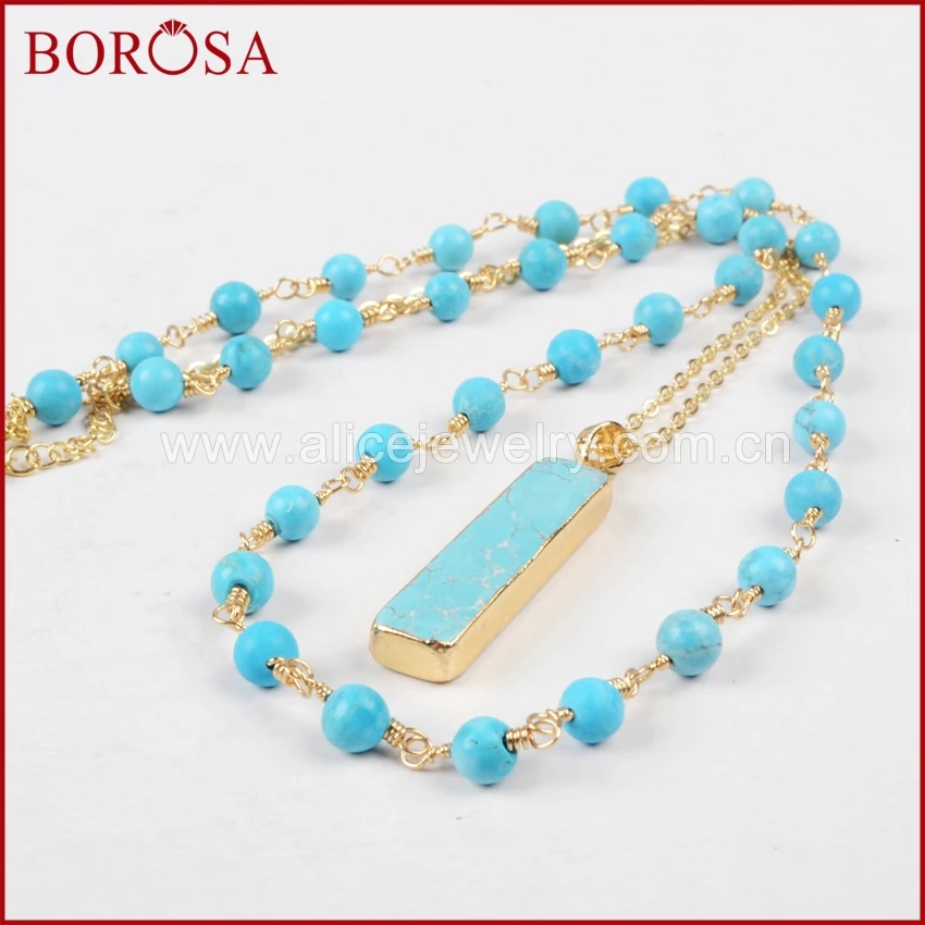 Женское прямоугольное ожерелье BOROSA золотистого цвета с круглым камнем Howlite и 6 мм