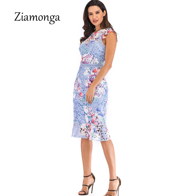 Ziamonga Autumn Women Fashion Mermaid Dress European Style Slim Sleeveless Printed Lace Party Elegant Sexy Bandage | Женская одежда