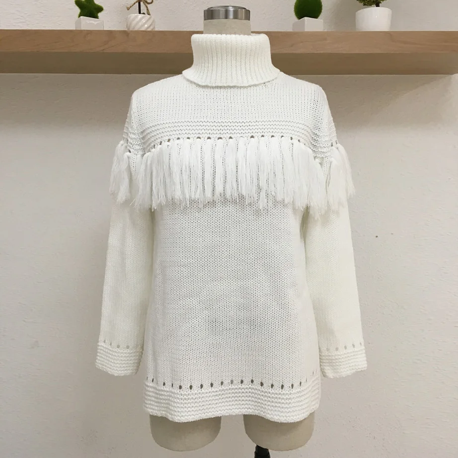 Осень Зима Свитера Водолазка Свитер Пуловер Мода Ажурная Резьба Бахрома Вязаный