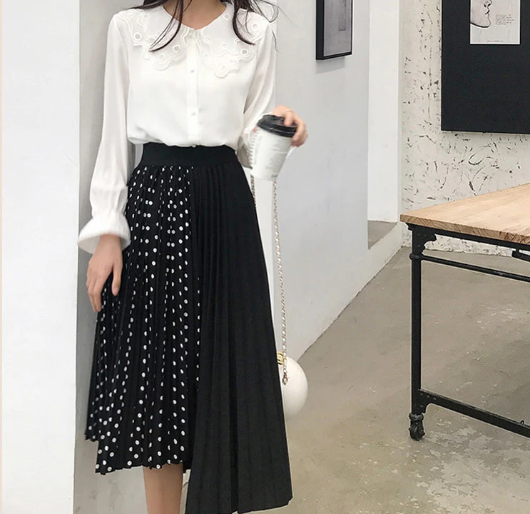 Модная Комбинированная юбка в горошек для женщин Harajuku Асимметричная юбка миди больших размеров Faldas Largas Mujer плиссированная юбка белая черная Jupe Femme