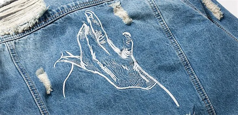 

MORUANCLE Men Hi Street Ripped Denim Jackets Fashion Streetwear Distressed Jean Jacket Outerwear With Holes Patchwork Size M-XXL