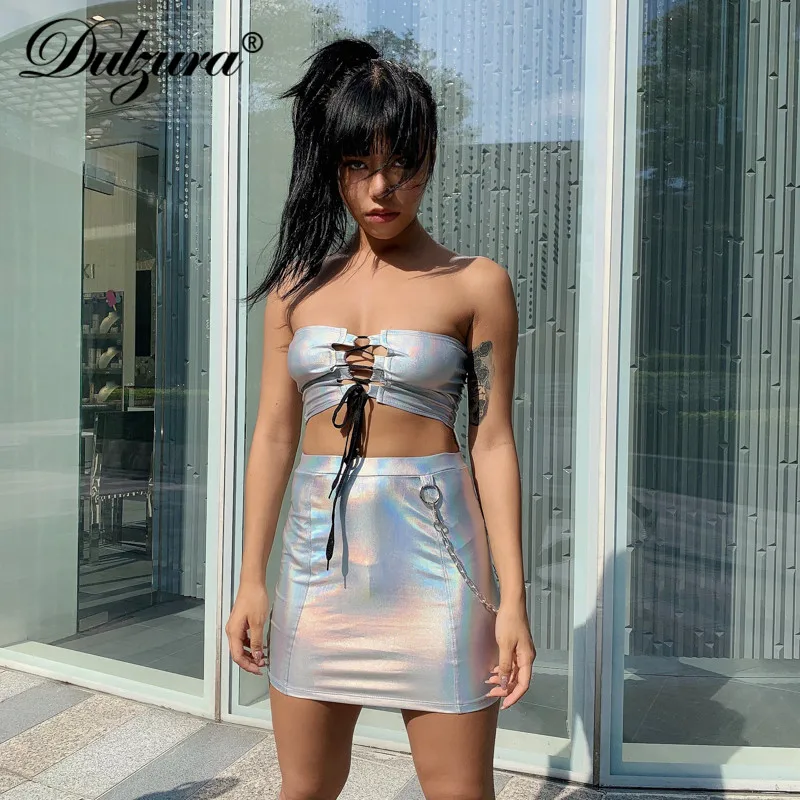 Dulzura летняя юбка с высокой талией сексуальная Лоскутная цепь уличная панк для вечеринки, клуба, Мини Одежда для тела дамы