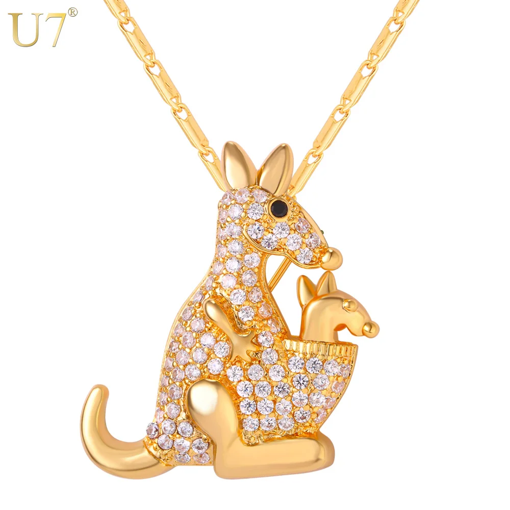 U7 Cute Kangaroo Necklace For Women Gift Gold Color Cubic
